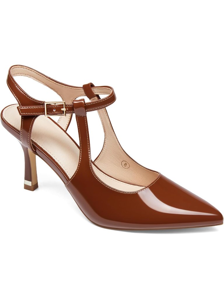 Women's Brown High Heels Pointed Toe Ankle Strap Pumps Patent Leather Stilettos
